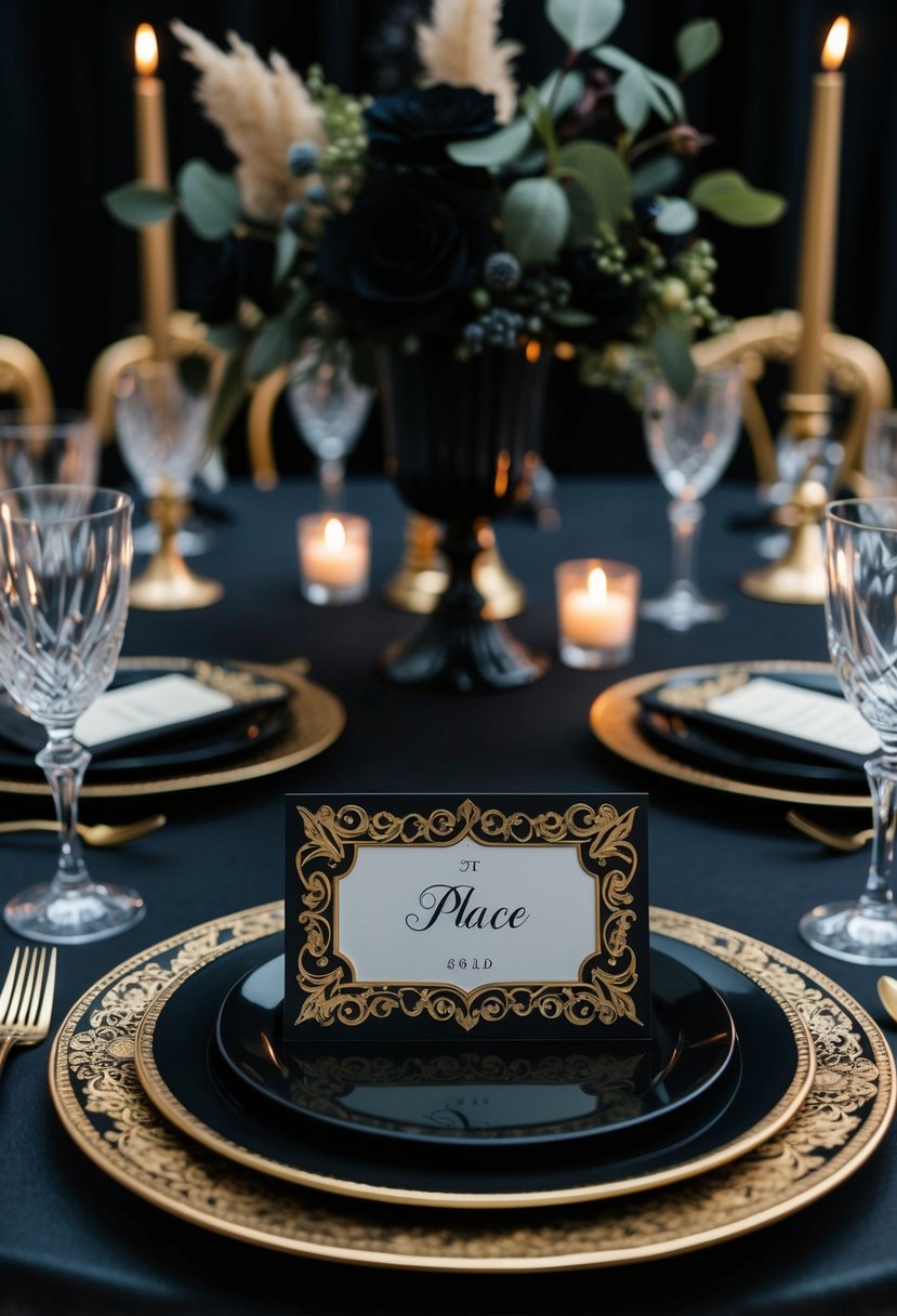 Black and gold ornate place cards arranged on a dark, elegant table for a gothic wedding