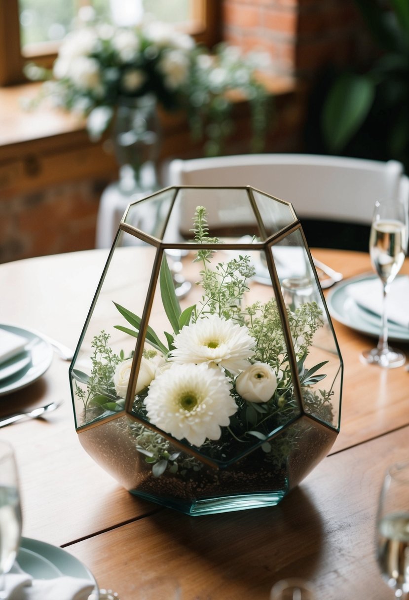 A glass terrarium sits on a wooden table, filled with greenery and delicate white flowers, creating a neutral and elegant wedding centerpiece