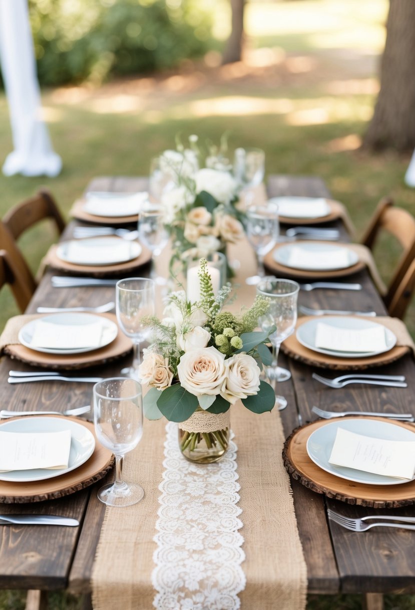 A rustic table set with burlap runners, lace accents, and neutral-colored floral centerpieces