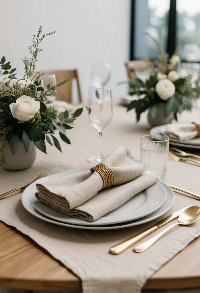 A table set with natural linen napkins, simple and elegant for a neutral wedding decor