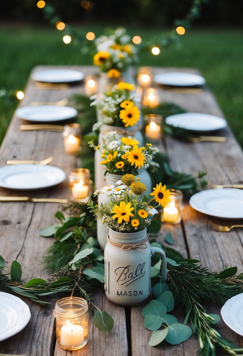 A rustic wooden table adorned with mason jar centerpieces filled with wildflowers, surrounded by flickering tea lights and greenery garlands