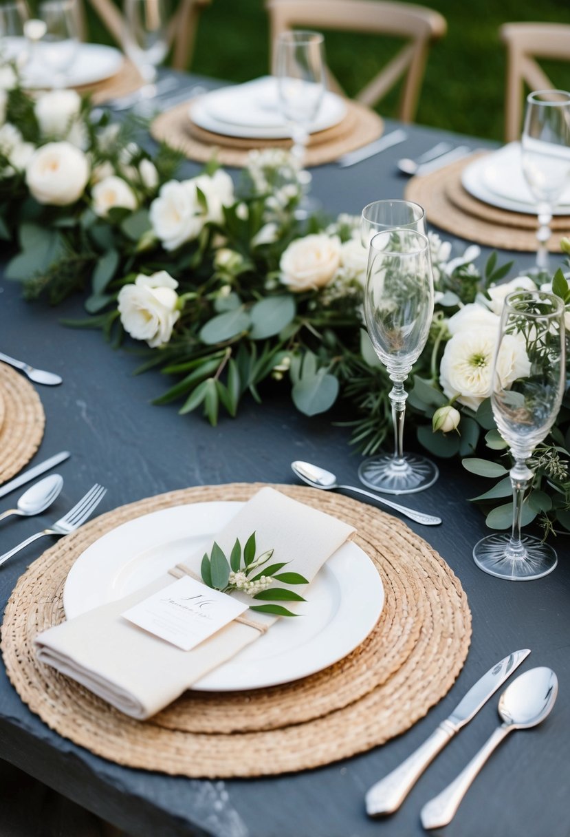 A slate table with neutral placemats, adorned with elegant wedding decor