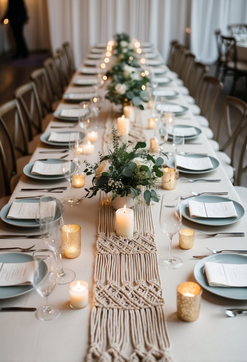 A table set with neutral macrame runners, adorned with delicate greenery and soft candlelight for a romantic wedding reception