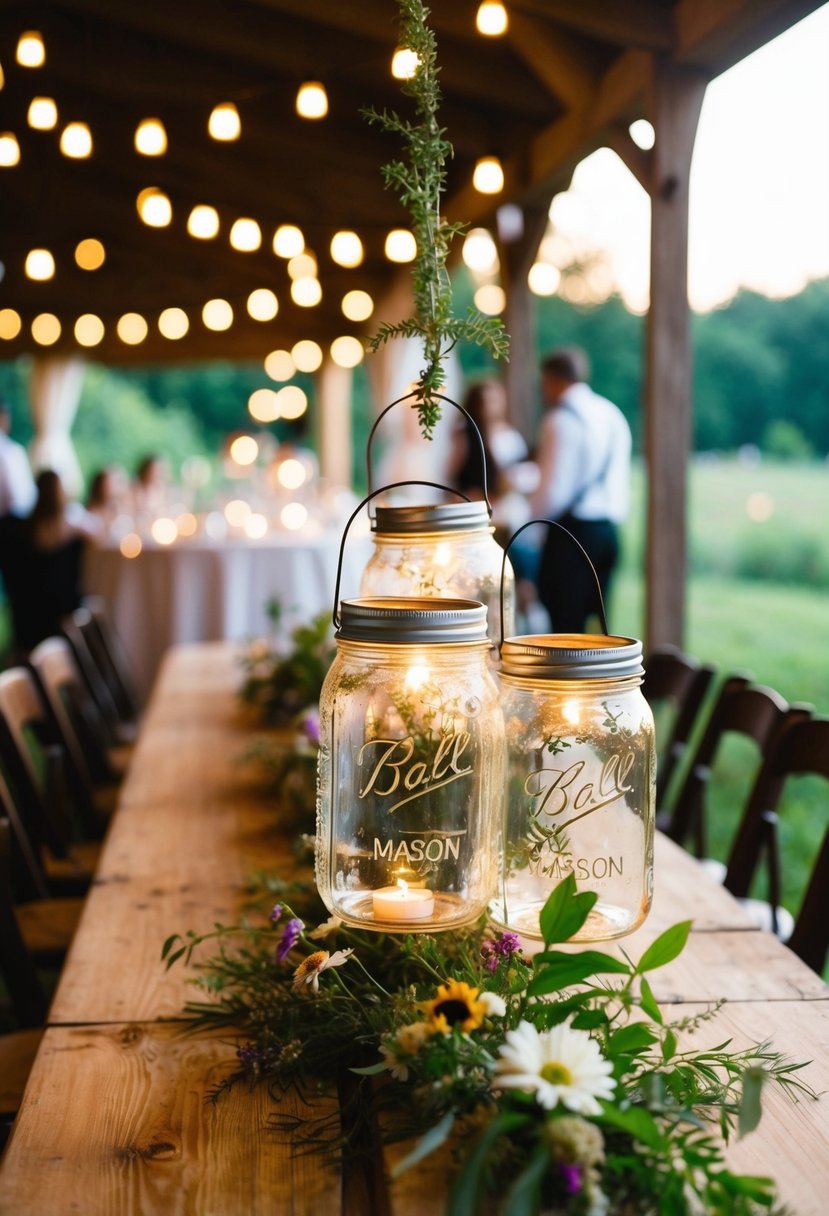 Mason jar lanterns hang from a rustic wooden table, casting a warm glow over a wedding reception. Wildflowers and greenery add a natural touch to the simple, homemade decorations