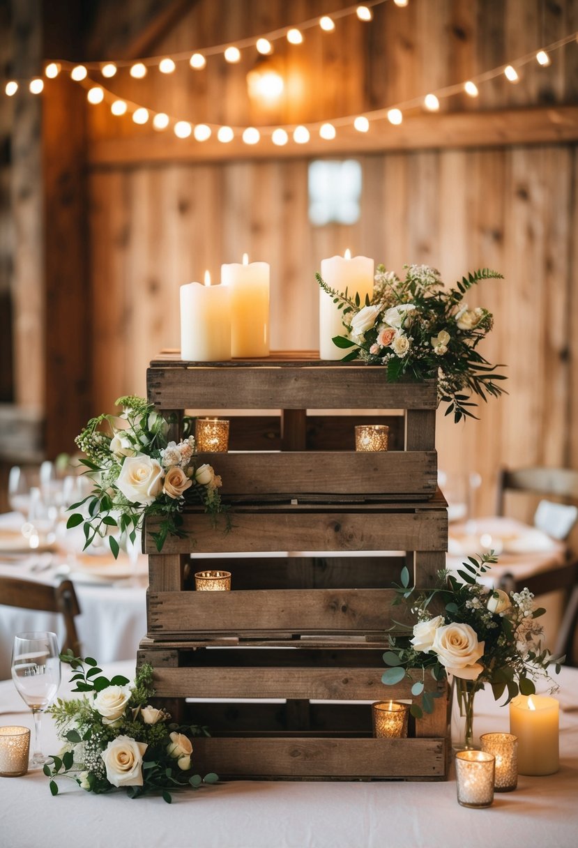 Rustic wooden crates stacked with flowers and candles, creating a charming wedding table decoration