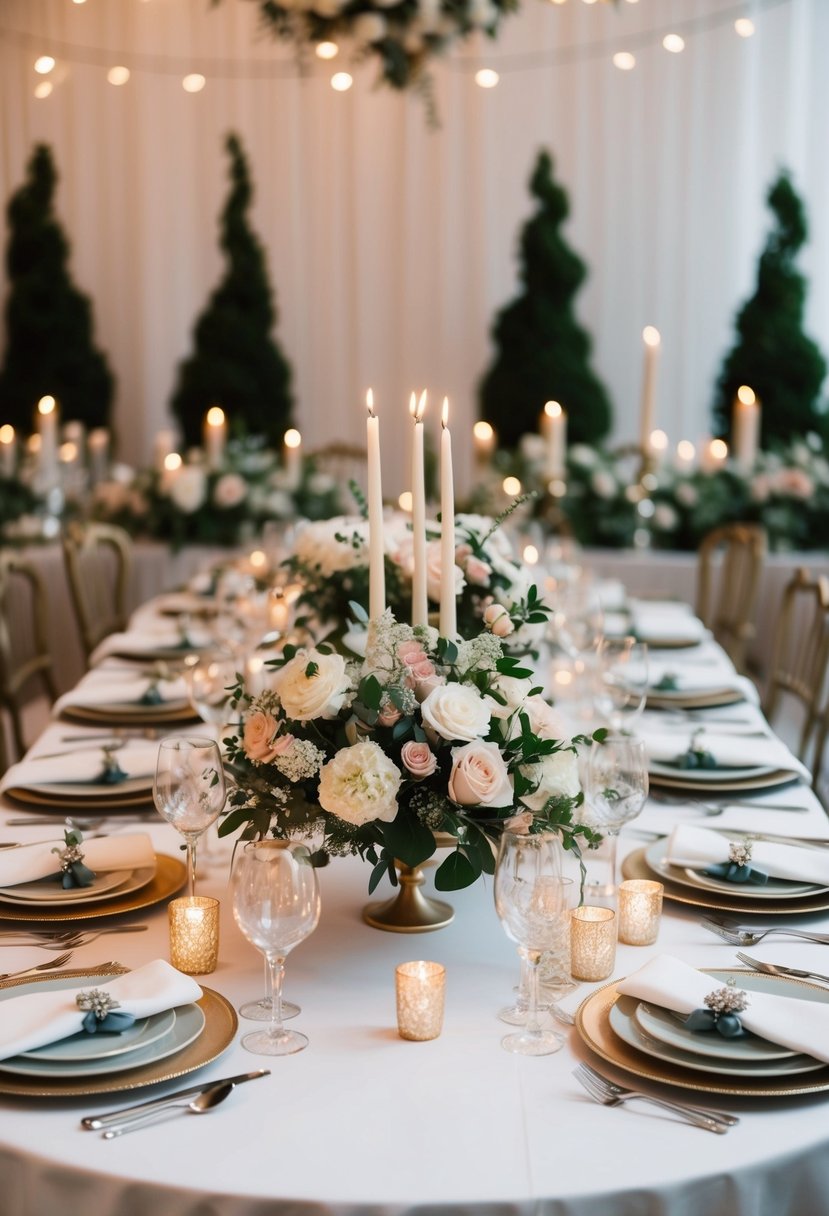 A table adorned with elegant floral centerpieces, delicate candles, and ornate place settings, creating a romantic and stylish wedding ambiance