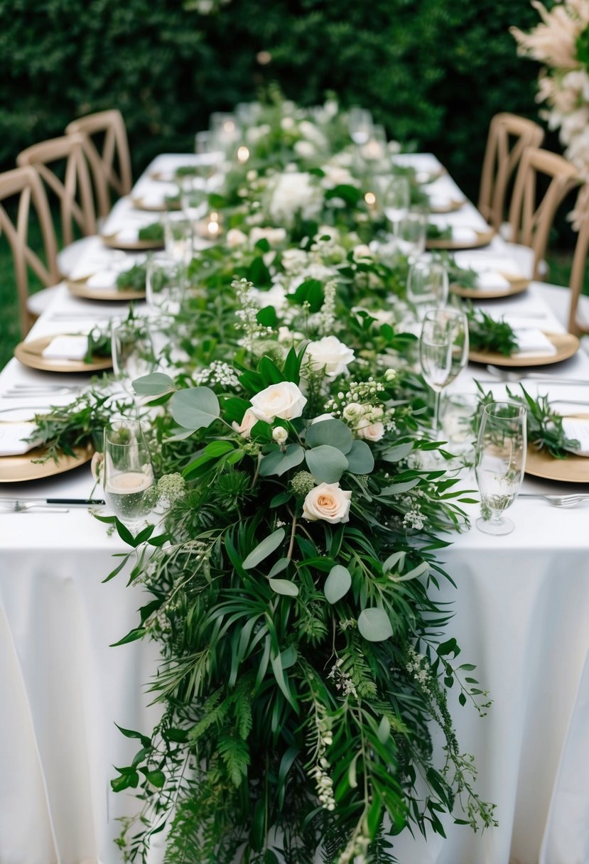 Lush greenery cascades down the center of a wedding table, intertwined with delicate florals and foliage, creating a natural and romantic atmosphere