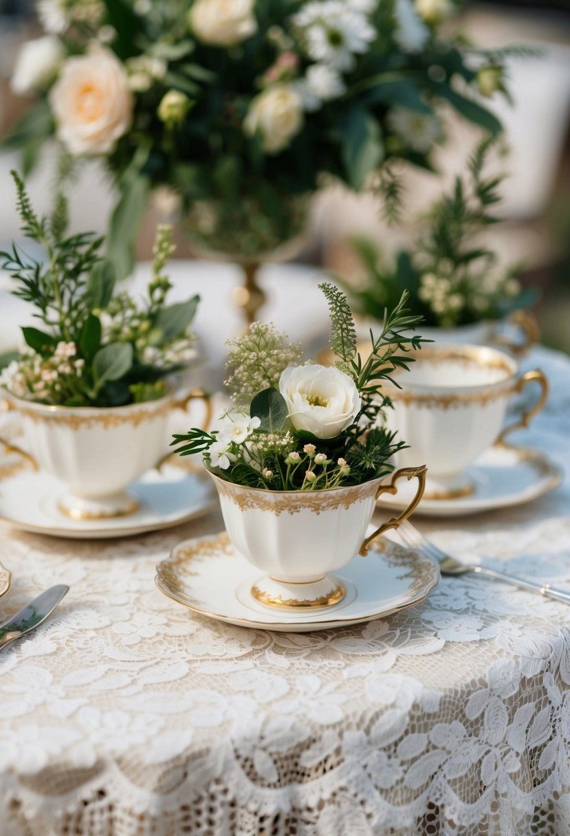 A vintage lace tablecloth adorned with antique tea cups and saucers, filled with delicate flowers and greenery, creating a charming wedding table centerpiece