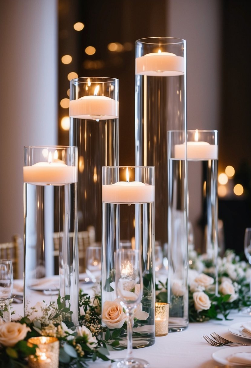 Tall glass vases hold floating candles, surrounded by delicate floral arrangements on a stylish wedding table