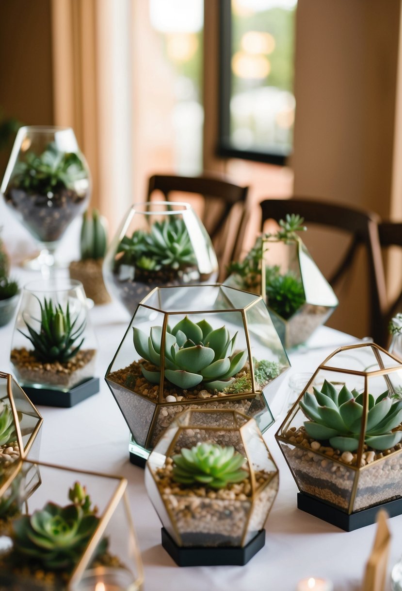 A collection of succulent terrariums arranged as wedding table decorations