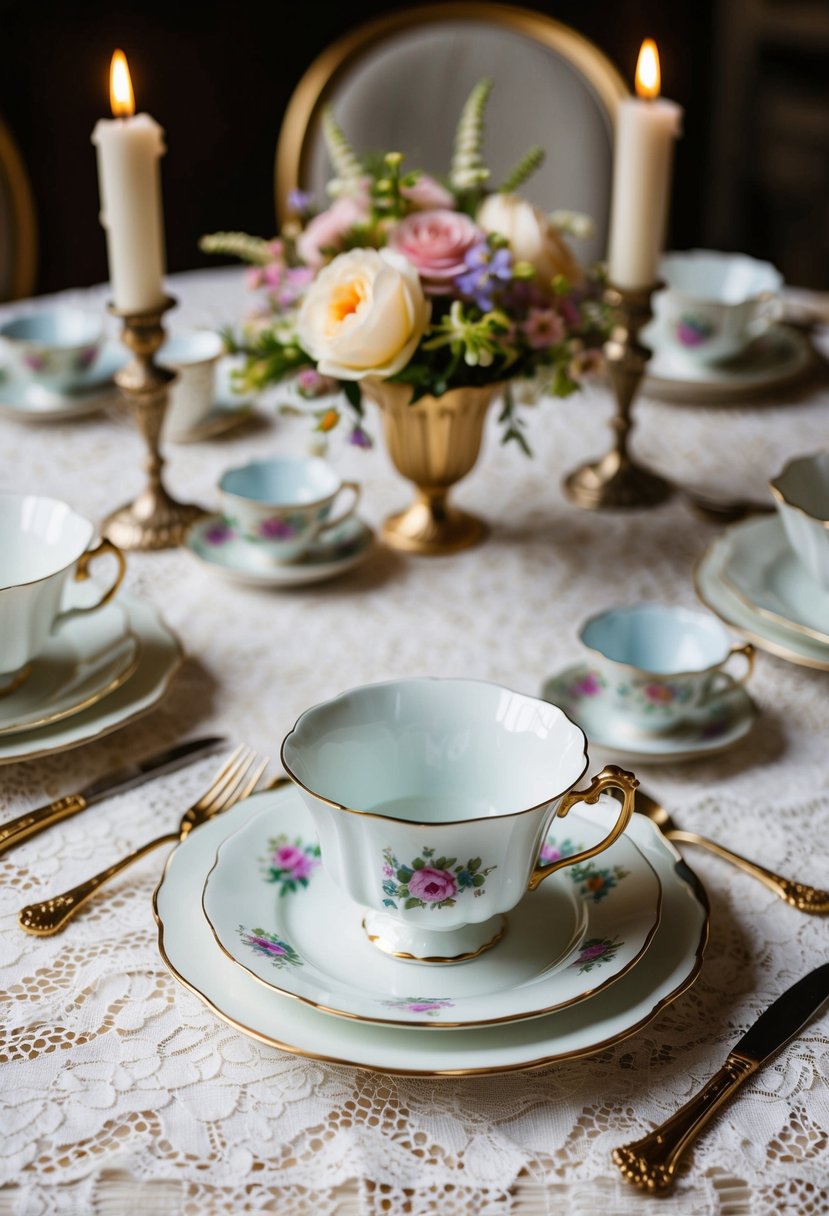 Vintage china plates and teacups arranged in a mix-and-match style on a lace tablecloth, surrounded by delicate floral centerpieces and antique candleholders