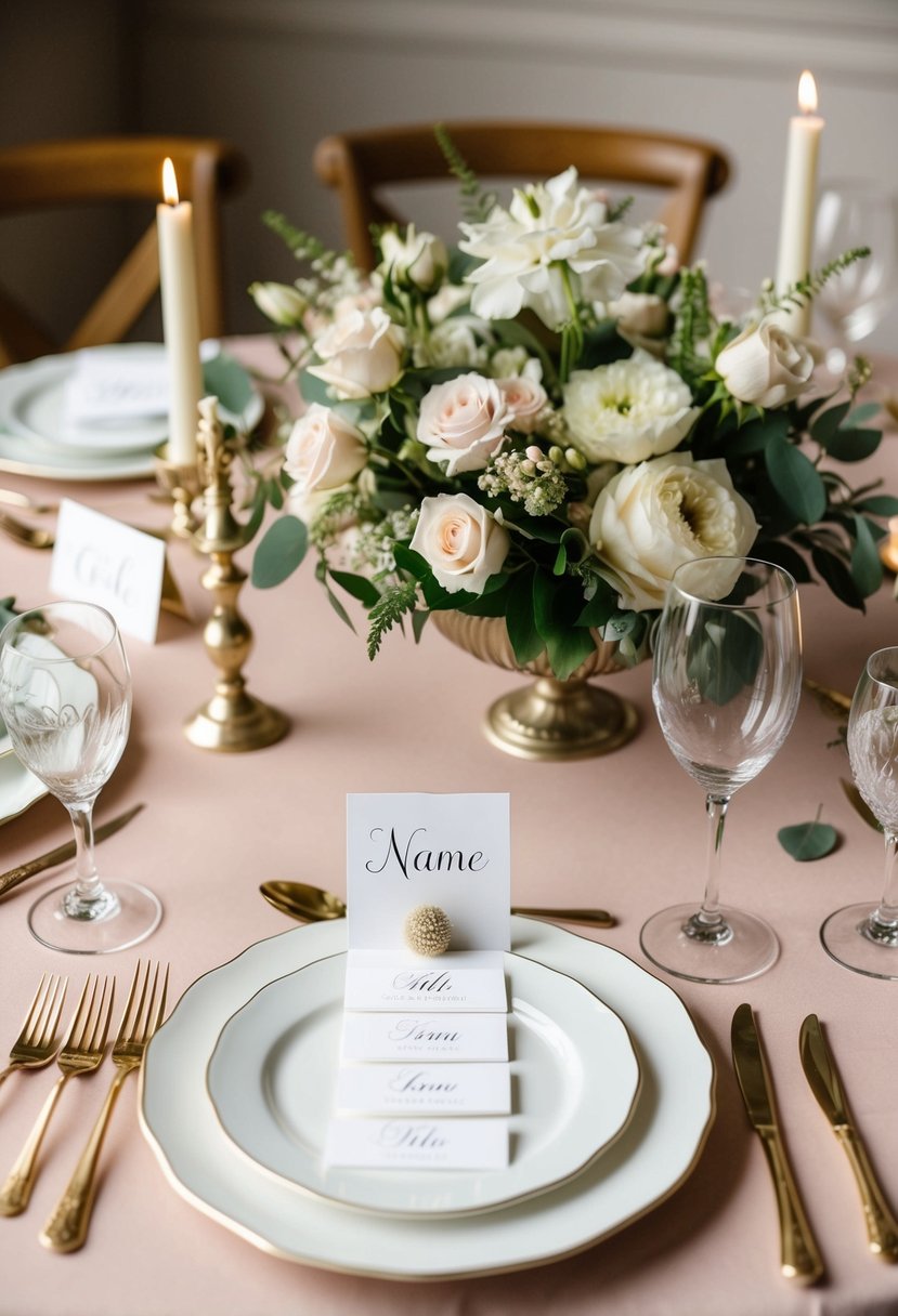 A beautifully arranged table with elegant name card wedding decorations, featuring floral centerpieces and delicate place settings