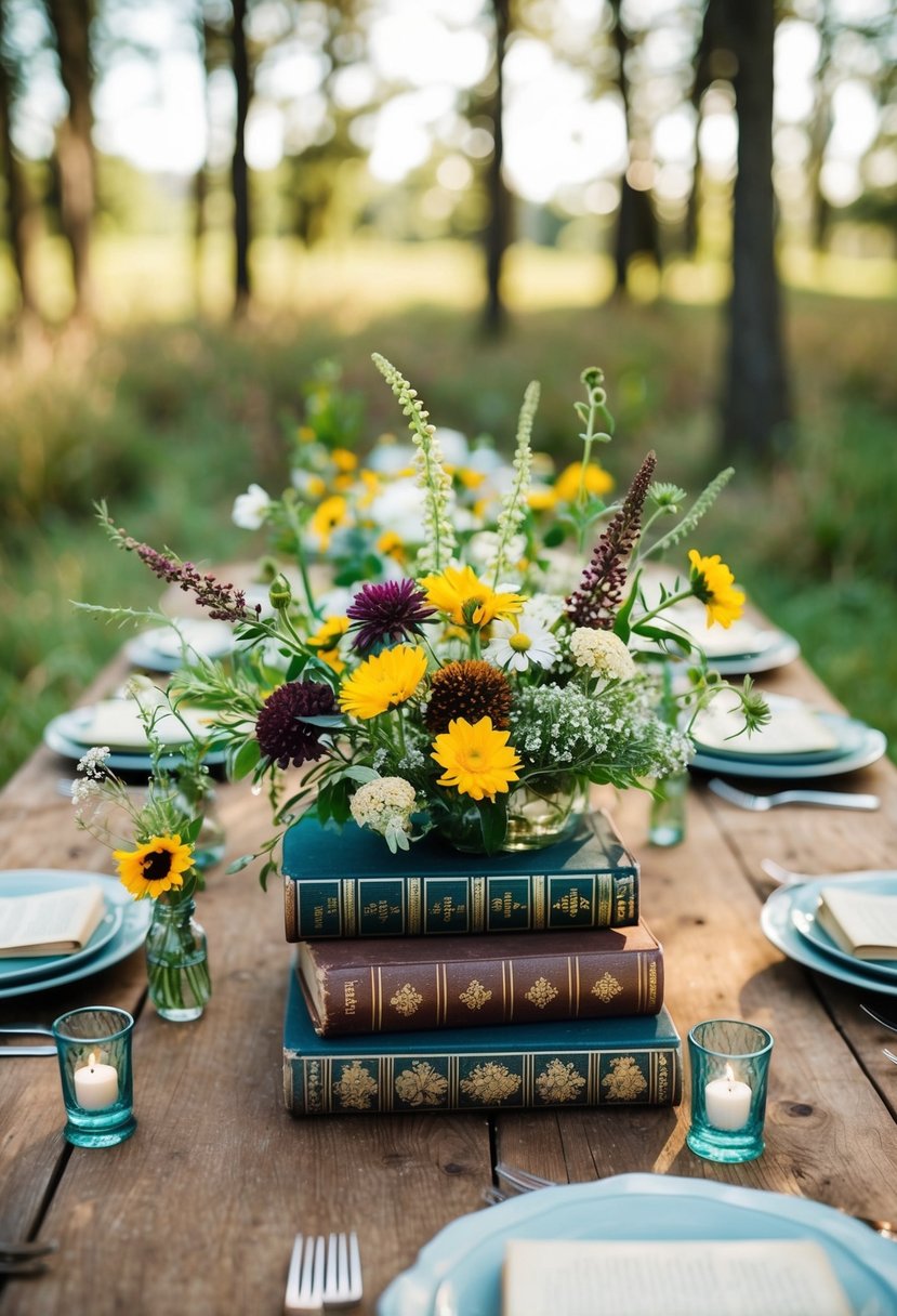 A rustic table adorned with vintage books and wildflowers, creating a charming homemade wedding centerpiece