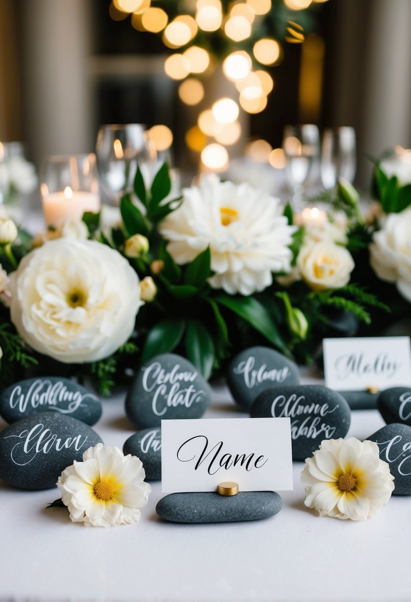 Elegant calligraphed rocks arranged on a table with floral accents for a wedding name card decoration