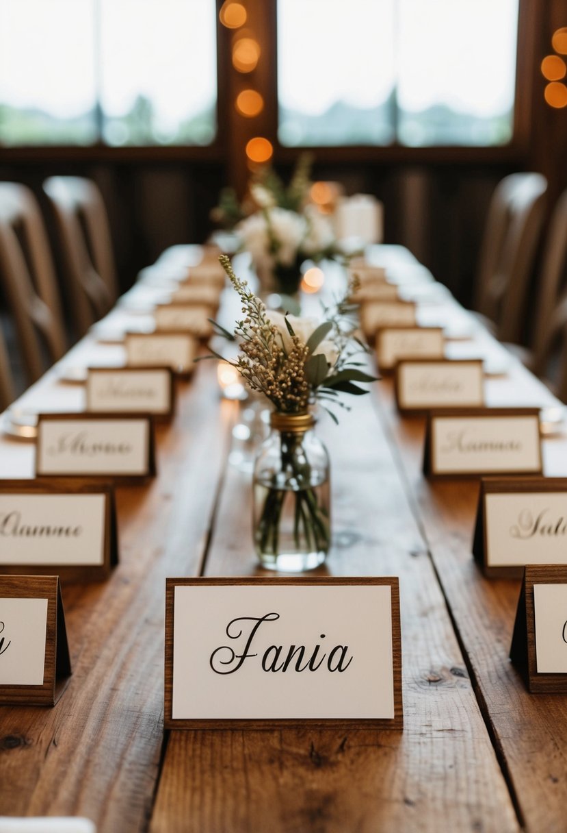 A rustic wooden table adorned with personalized name card holders for a wedding celebration