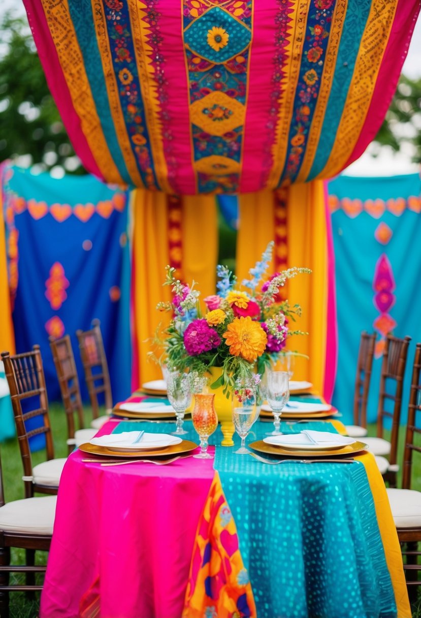 Bright, patterned tapestries drape over a wedding table, adorned with vibrant flowers and eclectic decor