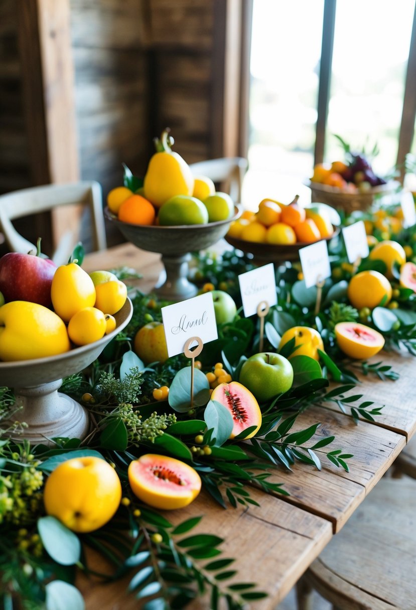 A rustic wooden table adorned with fresh fruit and greenery, with name cards nestled among the colorful display