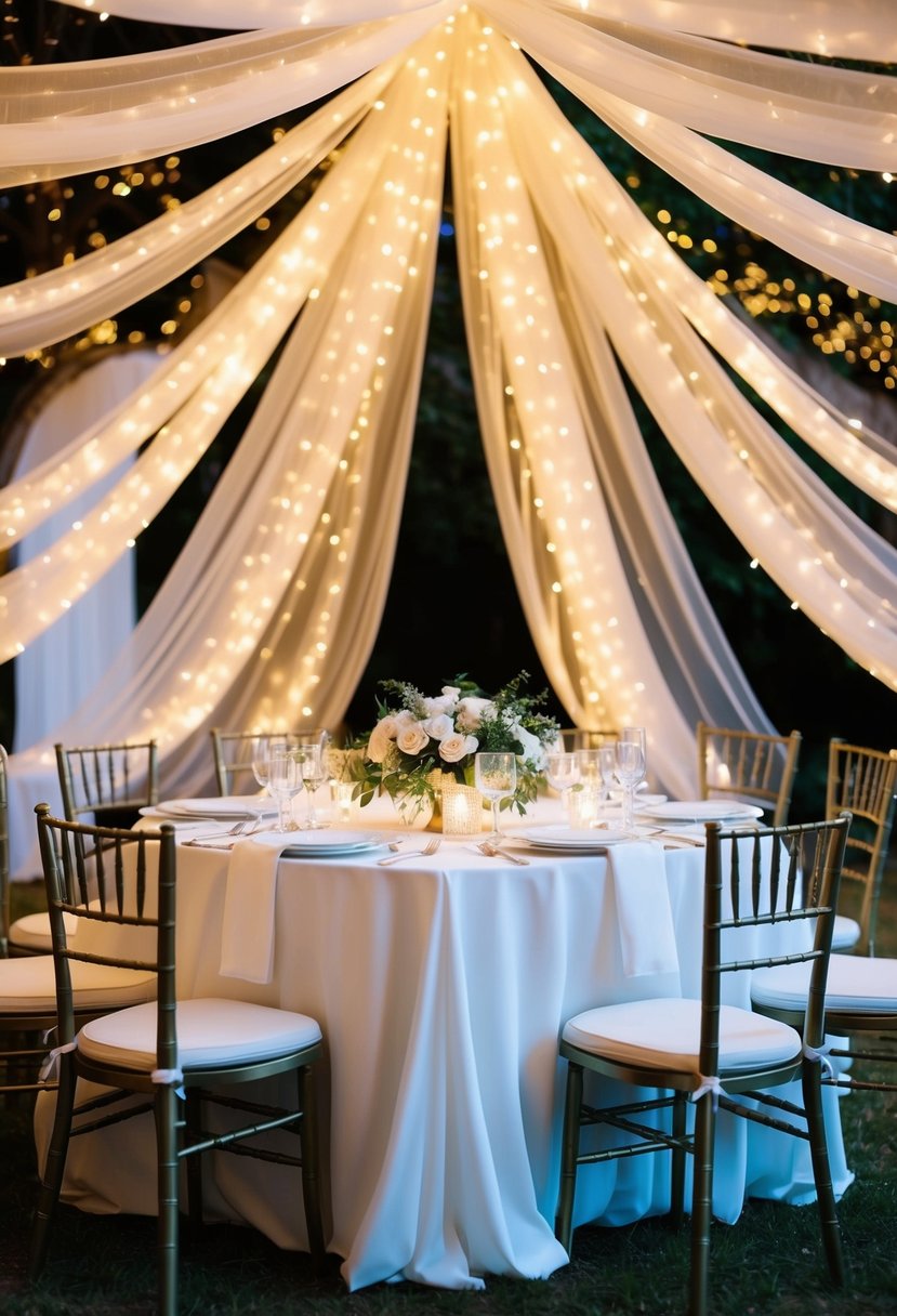 A fairy light canopy drapes over a wedding table, creating a magical and romantic ambiance