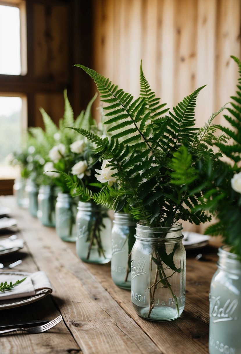 A rustic wooden table adorned with delicate leather leaf fern arrangements in mason jars, creating a beautiful homemade wedding centerpiece