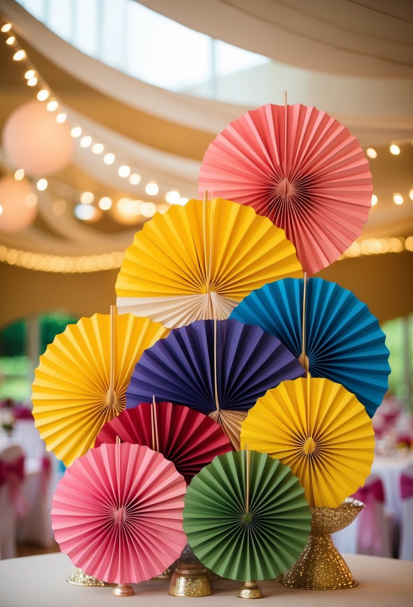 Colorful paper fans arranged in a decorative display on a wedding table