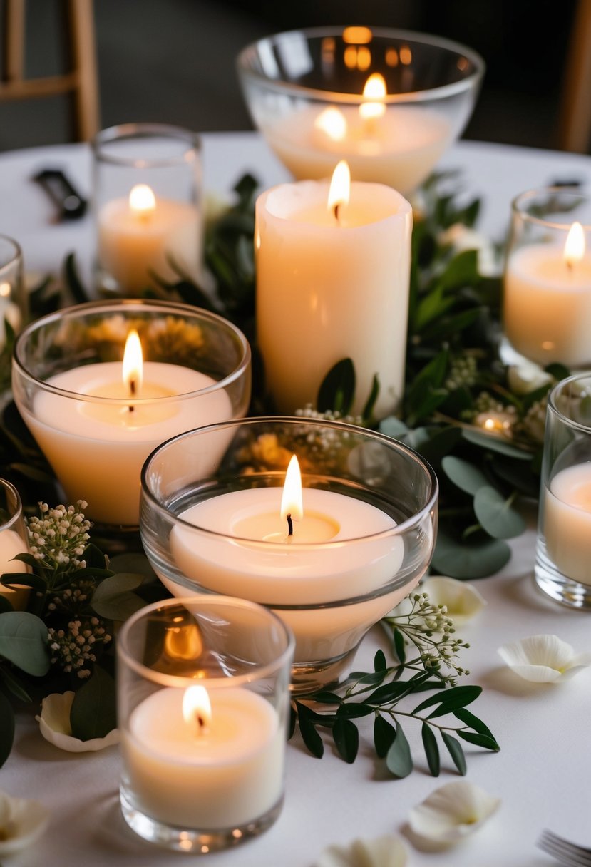 Floating candles in glass bowls, surrounded by delicate flower petals and greenery, creating a romantic and elegant wedding table centerpiece