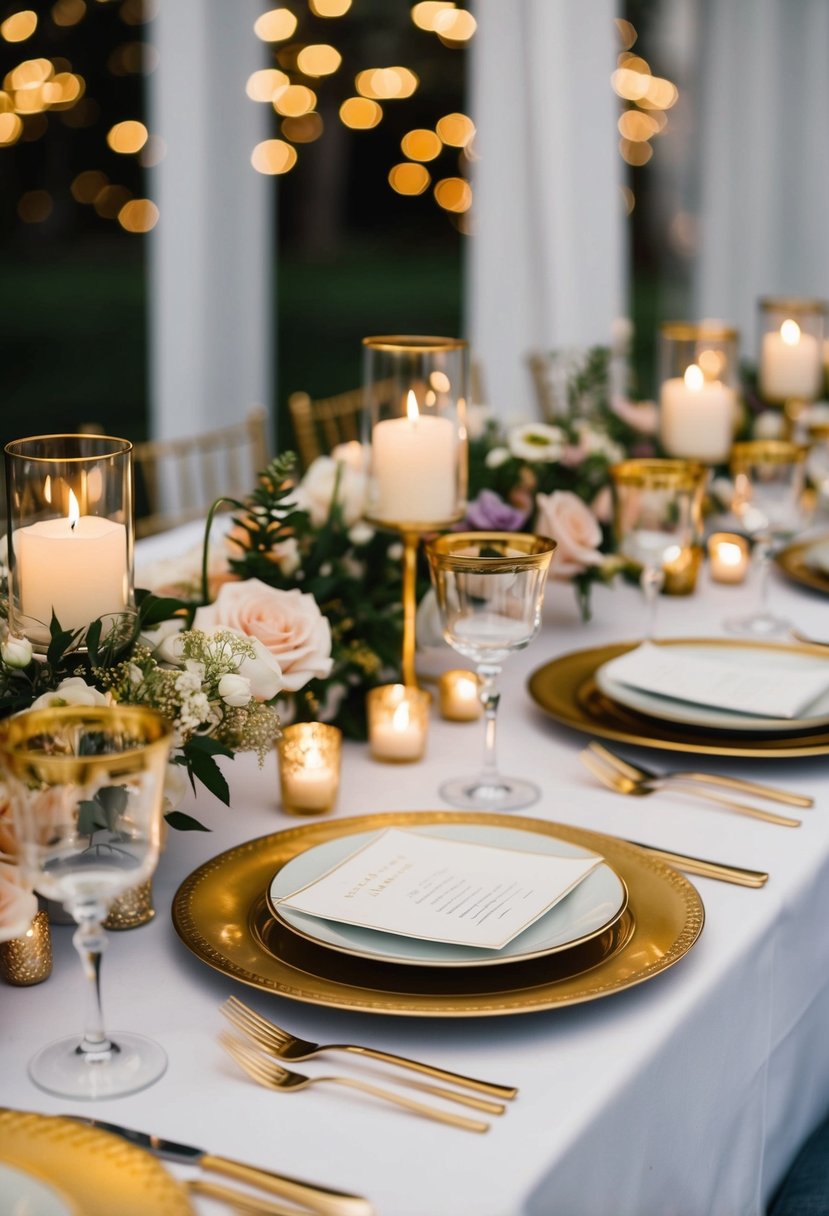 Gold-rimmed glassware arranged on a white tablecloth, adorned with delicate floral centerpieces and flickering candlelight