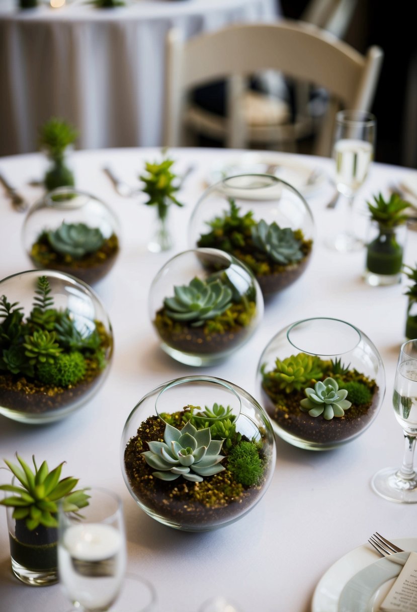 Miniature terrariums arranged on wedding tables, with lush greenery and delicate succulents nestled within glass orbs