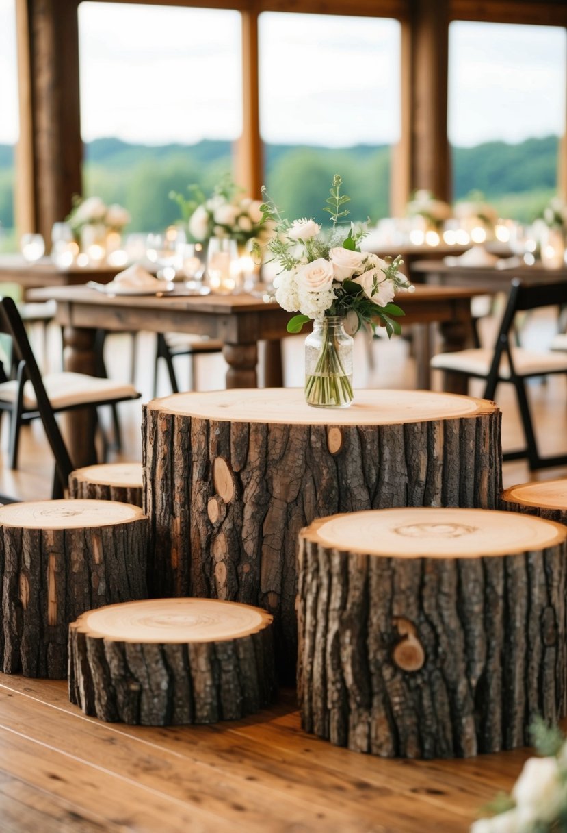 A series of rustic wooden log platforms arranged as stylish wedding table decorations