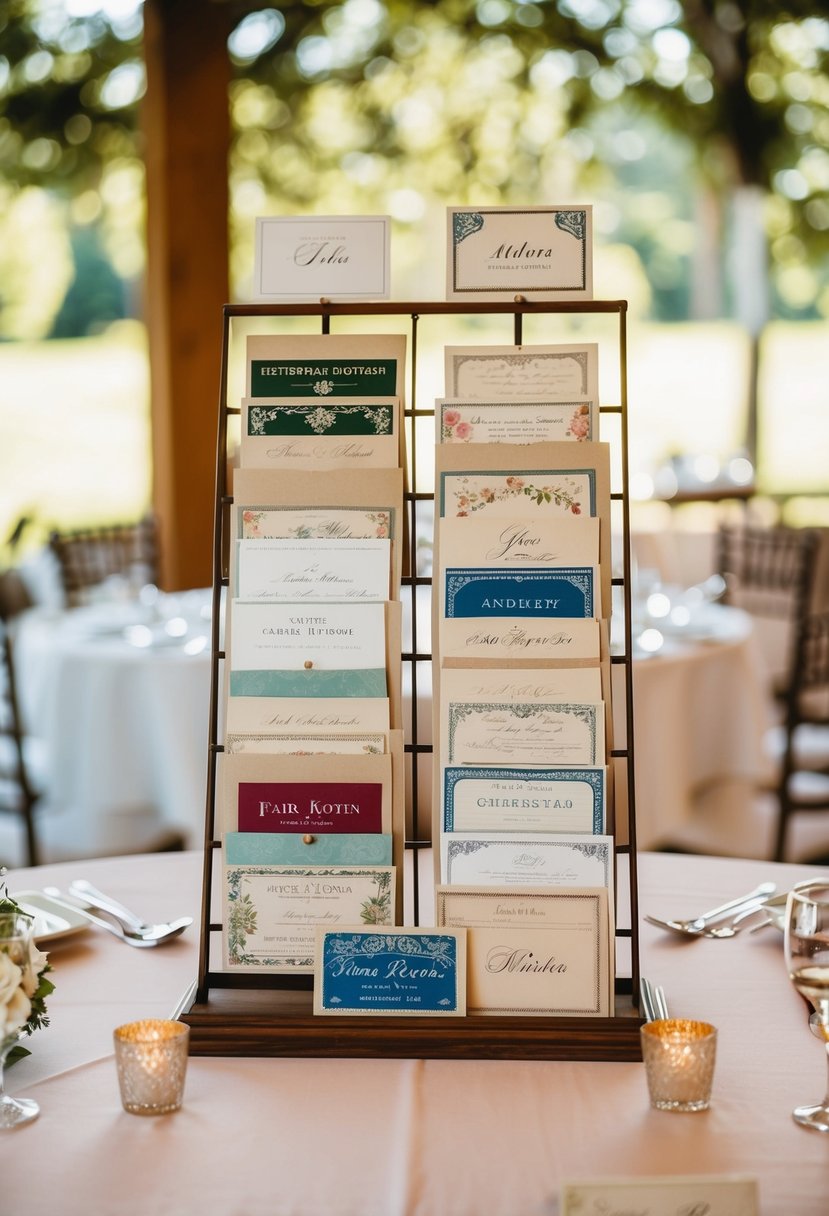 A vintage postcard display with name cards on a wedding table