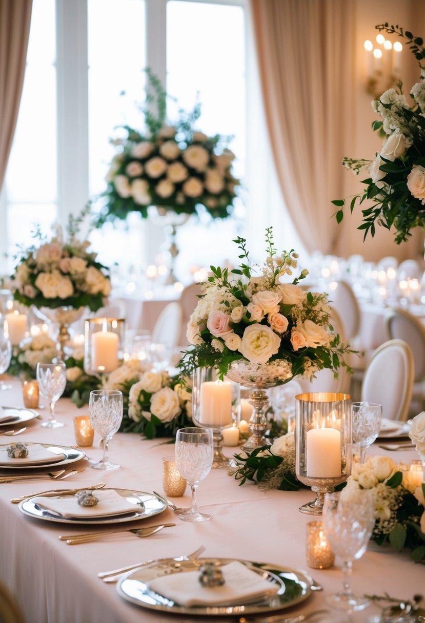 An opulent wedding table adorned with elegant mirror centerpieces reflecting soft candlelight and delicate floral arrangements