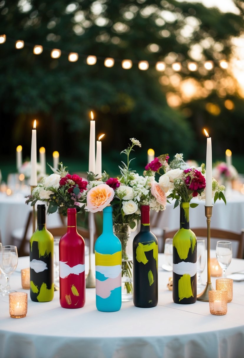 Painted wine bottles arranged with flowers and candles on a wedding table