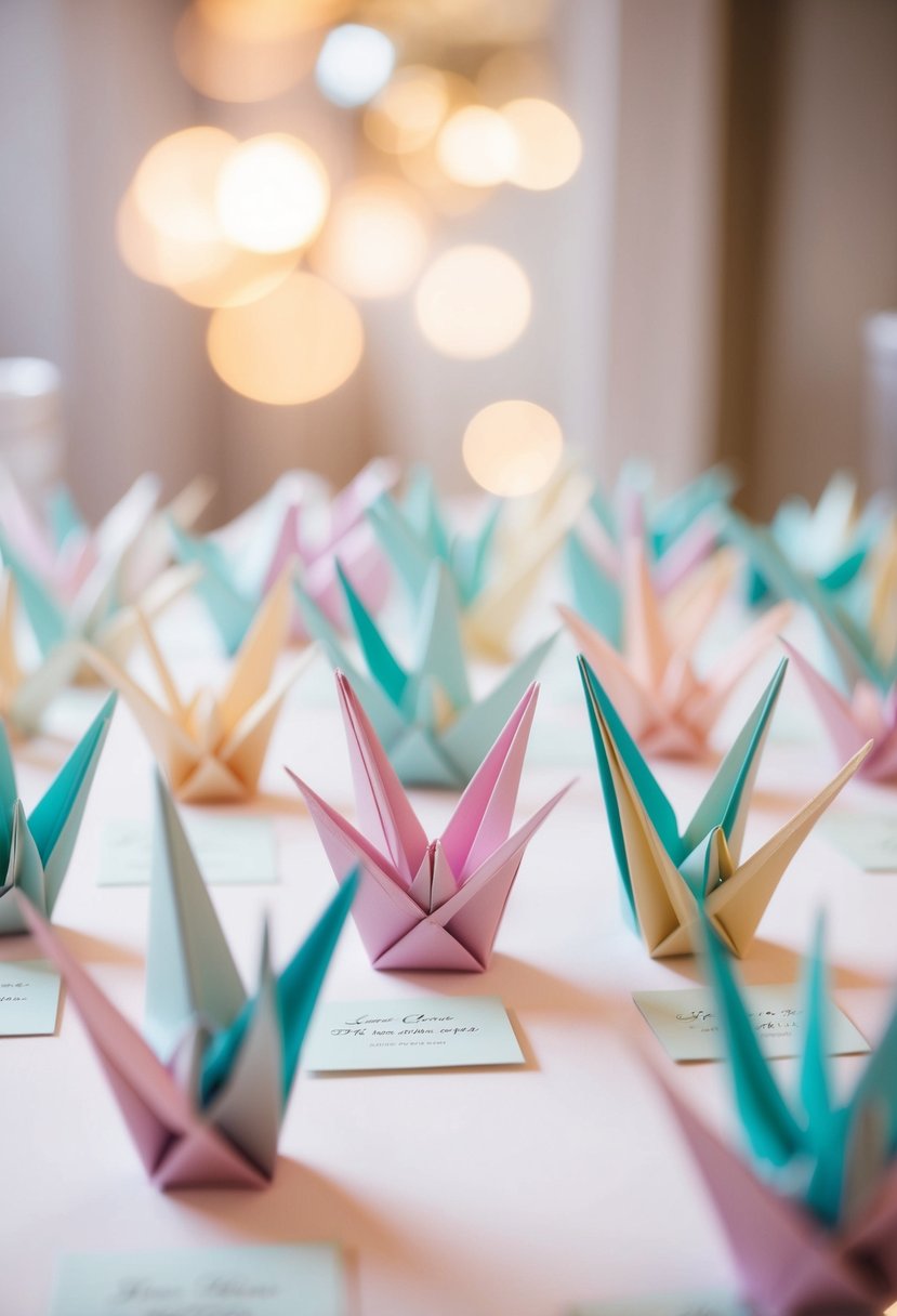 A table adorned with delicate origami cranes in pastel hues, arranged as elegant name card holders for a wedding celebration