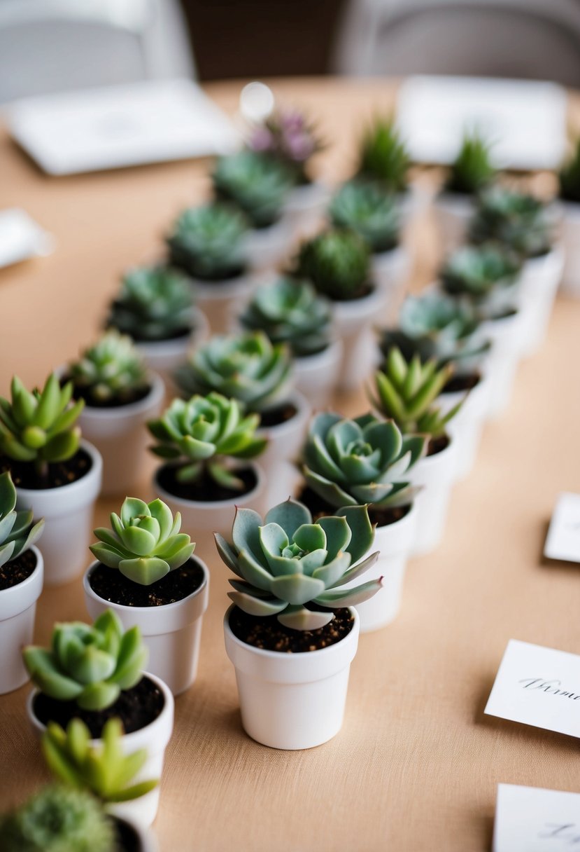 Mini potted succulents arranged in a row on a wedding table, serving as name card holders