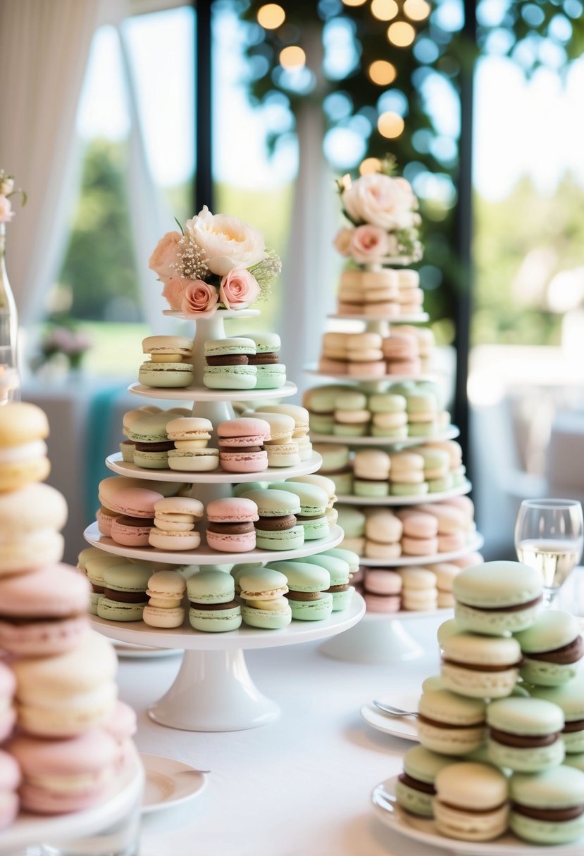 A table adorned with pastel macaron towers, creating a stylish and elegant wedding decoration