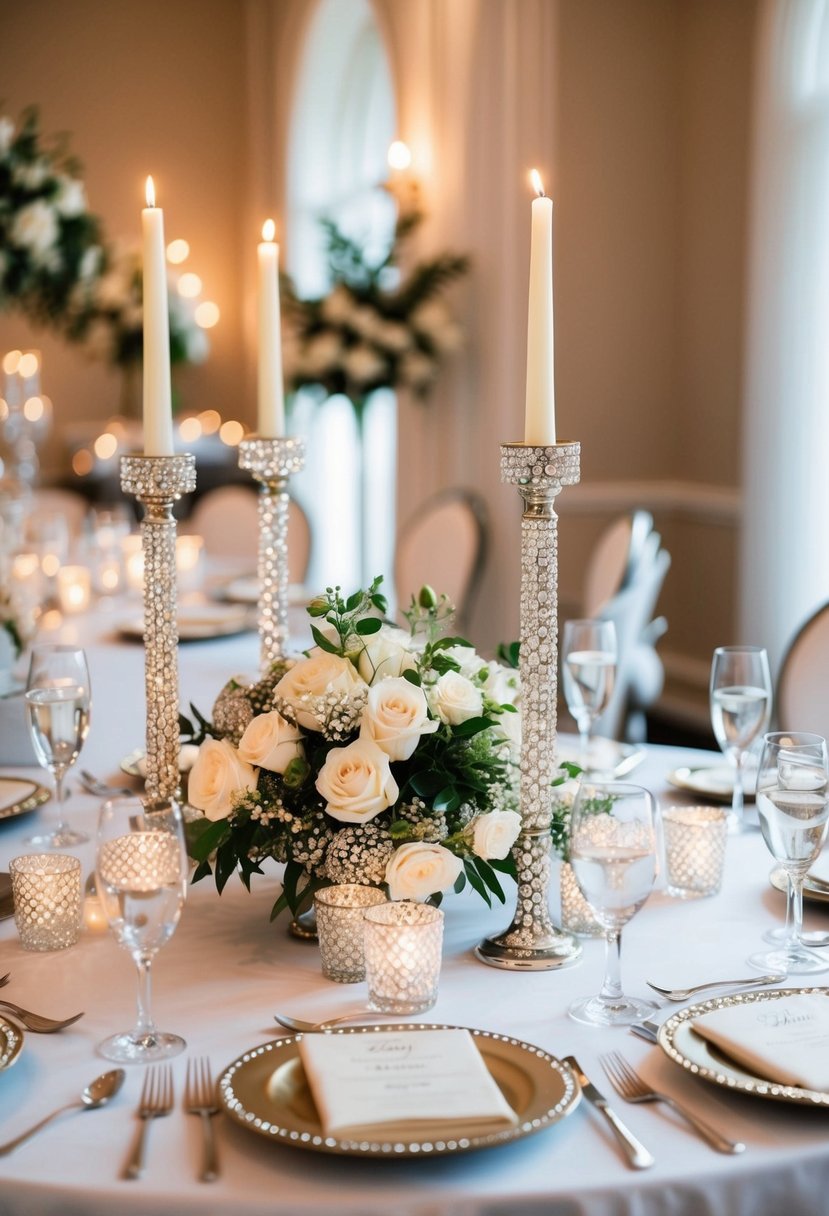 A table adorned with rhinestone-trimmed centerpieces and candle holders, creating a glamorous and elegant atmosphere for a homemade wedding celebration