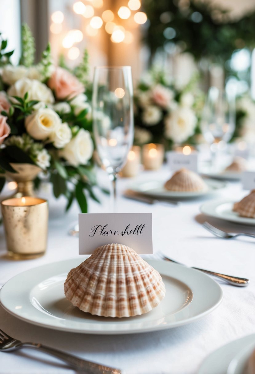 Seashell place cards arranged on a wedding table with elegant decorations and floral centerpieces