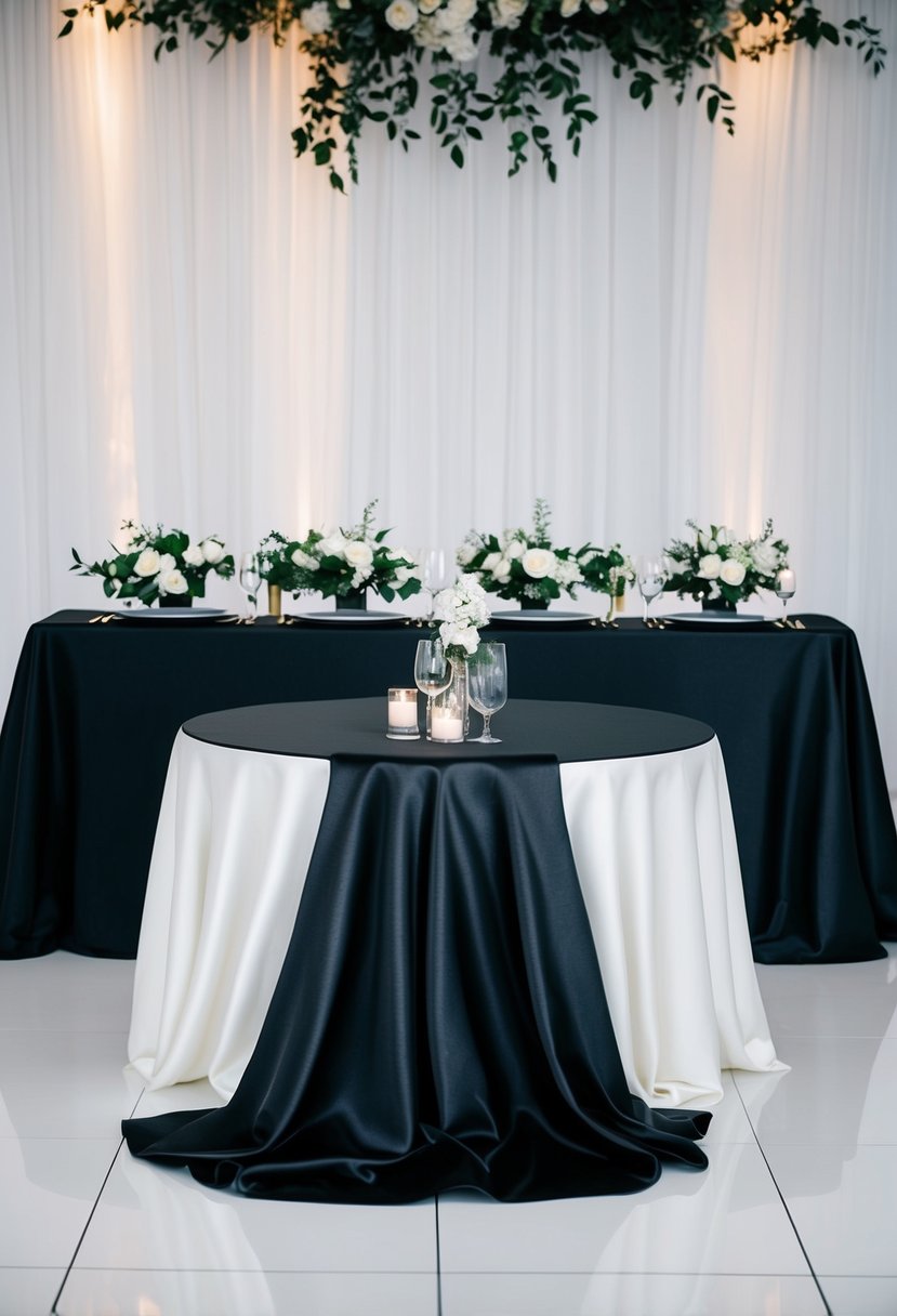 A black table adorned with elegant linens, contrasting against a white backdrop, creating a dramatic and stylish wedding table decoration