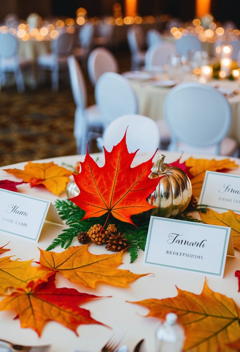 Vibrant autumn leaves arranged around elegant name cards on a wedding reception table