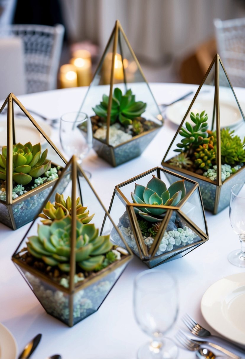 A table adorned with geometric terrariums filled with vibrant succulents, creating a modern and stylish wedding centerpiece