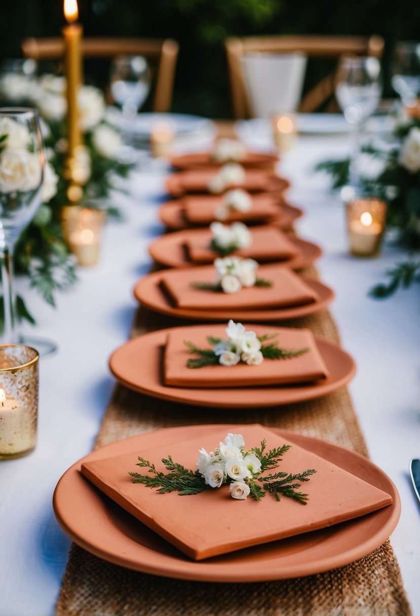 Handmade clay tiles arranged as wedding table decorations