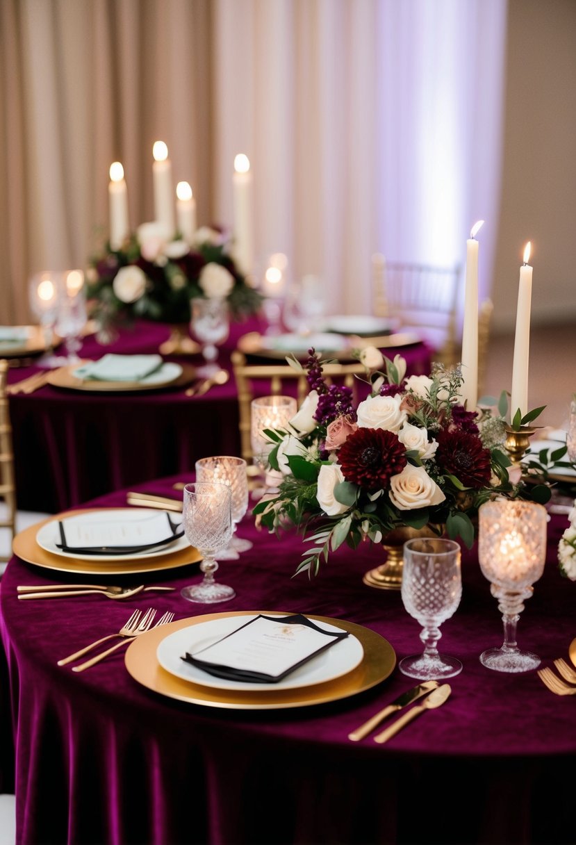 A table set with velvet tablecloths in rich jewel tones, adorned with elegant floral centerpieces and glistening candlelight