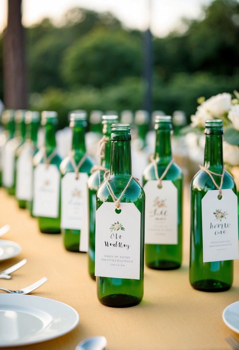 A collection of glass bottle tags arranged on a table for a wedding, with delicate and elegant designs for each place setting