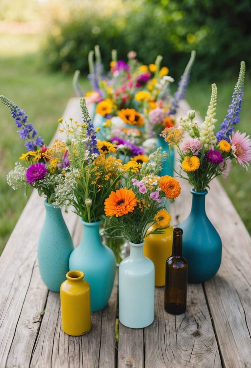 A rustic wooden table adorned with colorful wildflower arrangements in various sized vases, creating a whimsical and organic wedding centerpiece