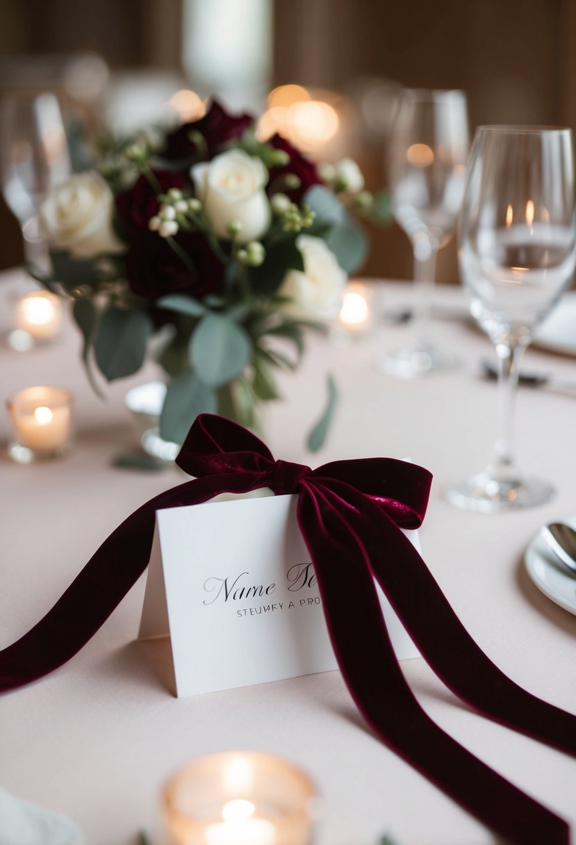 Velvet ribbons elegantly cascade from a name card, adorning a wedding table with a touch of luxury and romance