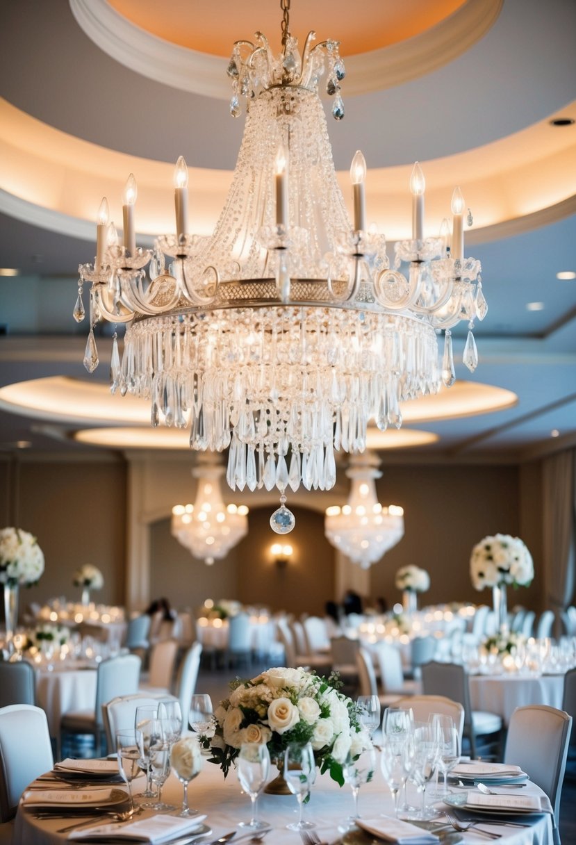 A grand crystal chandelier hangs above a wedding table adorned with elegant decor and stylish centerpieces