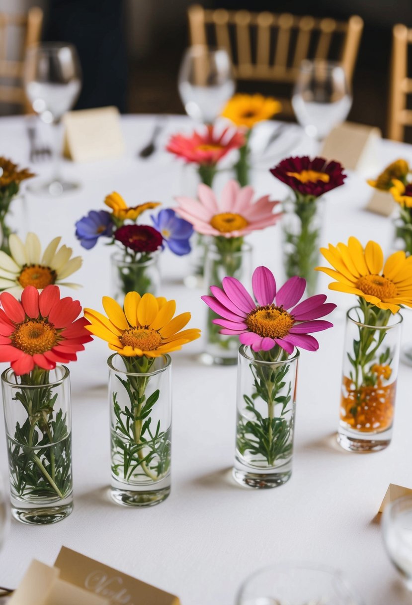 Colorful pressed flowers arranged inside glass name card holders for a wedding table decoration