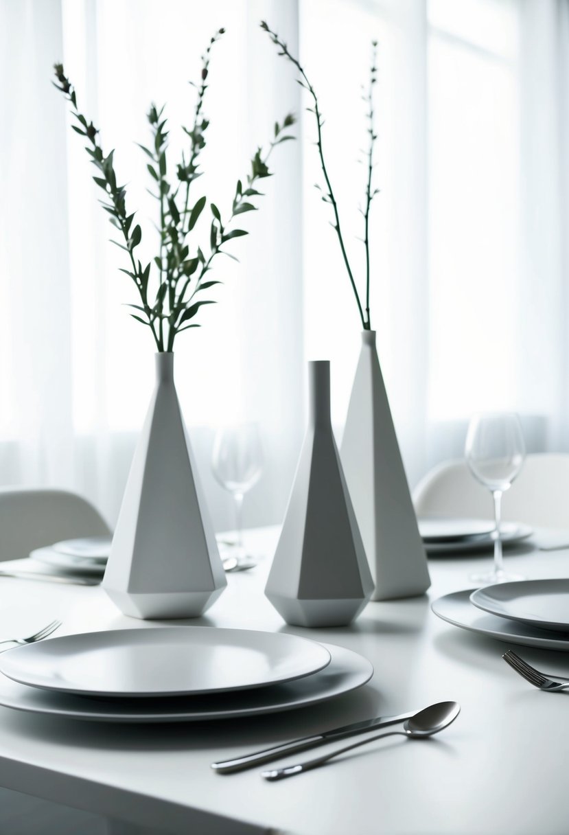 A sleek, all-white table set with minimalistic decor: simple, geometric vases with single stems, clean plates, and modern cutlery