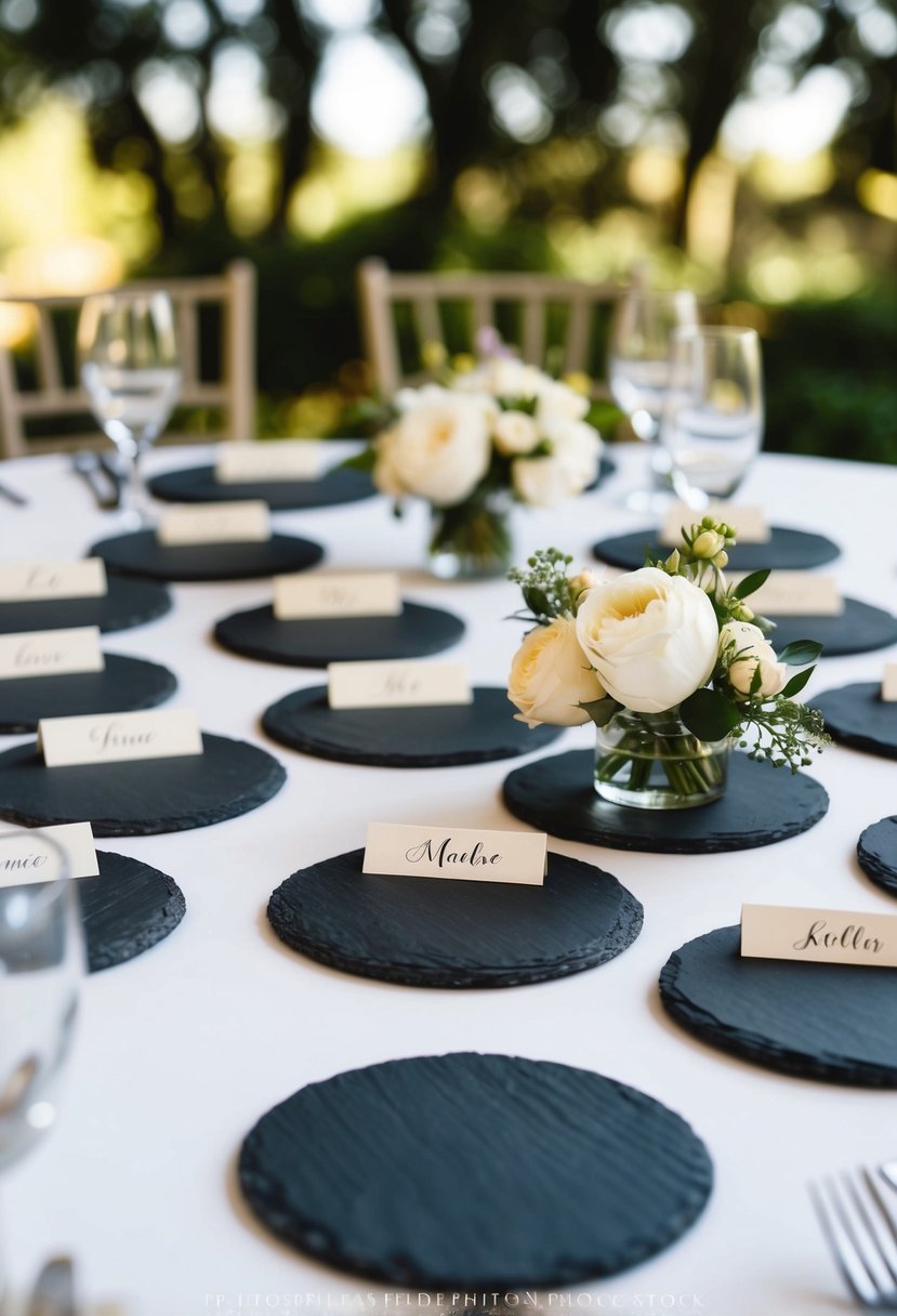 A set of slate coasters arranged on a table with name cards for a wedding, serving as elegant and practical table decorations