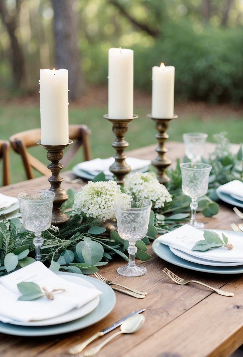 A rustic wooden table adorned with sage greenery, delicate white flowers, and antique candle holders