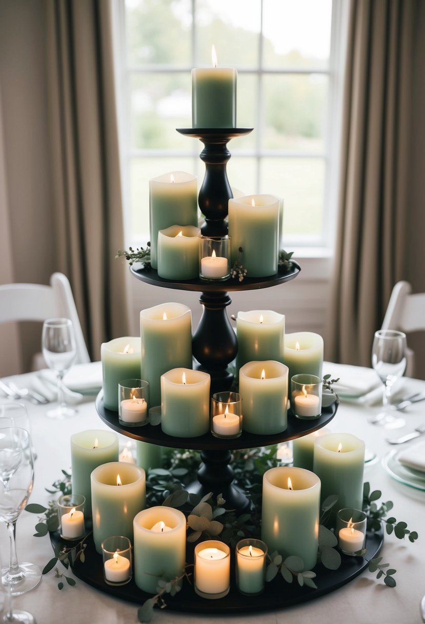 A multi-level arrangement of sage-colored candles adorns a wedding table, creating a serene and elegant ambiance